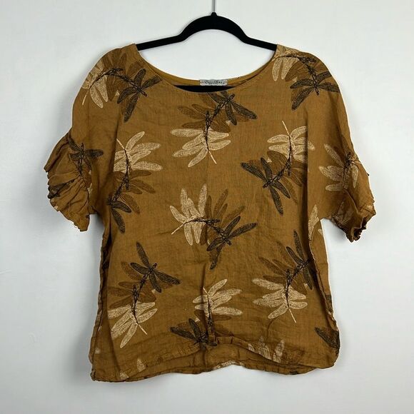 Elena Baldi DragonFly 100% Linen Mustard Yellow Ruffle Sleeve Blouse Small - Picture 6 of 14